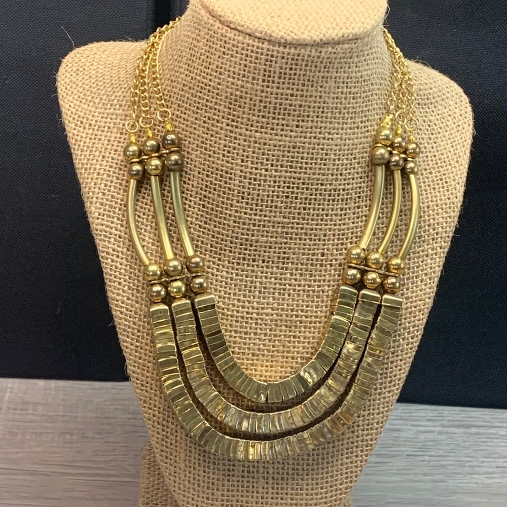 Gold Tone Multi Strand Bib Statement Necklace Triple Tier Block Bead 18" 5588